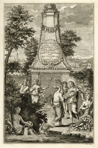 135584 Afbeelding van de titelprent van de prentenreeks 'De Zegepraalende Vecht' met zinnebeeldige figuren bij een zuil ...
